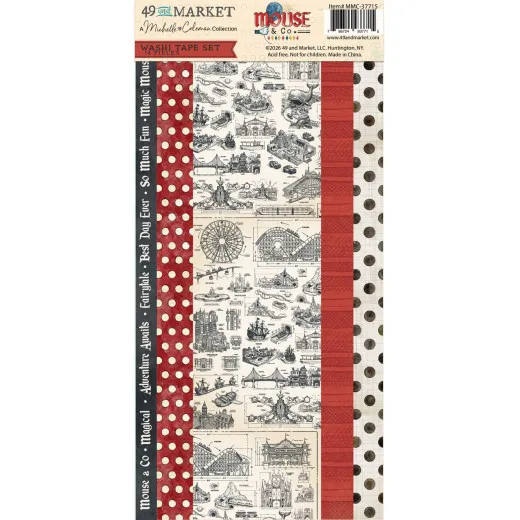 Verpackungsvorderseite mit Washi-Streifen der Kollektion Mouse & Co., u. a. gepunktetem Muster und feinen Freizeitpark-Strichzeichnungen.