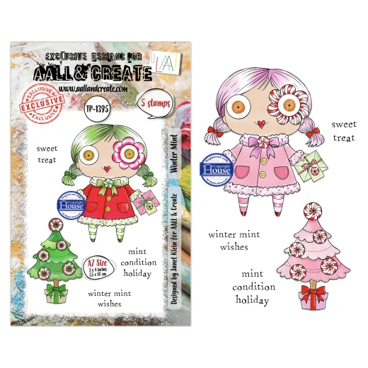 Verpackungsfoto mit einer Bonbon-Mädchenfigur und einem mit Pfefferminz-Kugeln geschmückten Weihnachtsbaum.