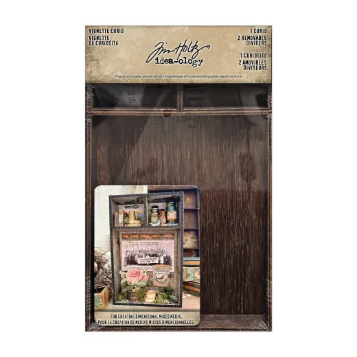 Tim Holtz Vignette Curio Christmas - Holzkästchen mit zwei herausnehmbaren Einsätzen in Dunkelbraun, Verpackung zeigt gestaltete Beispiele