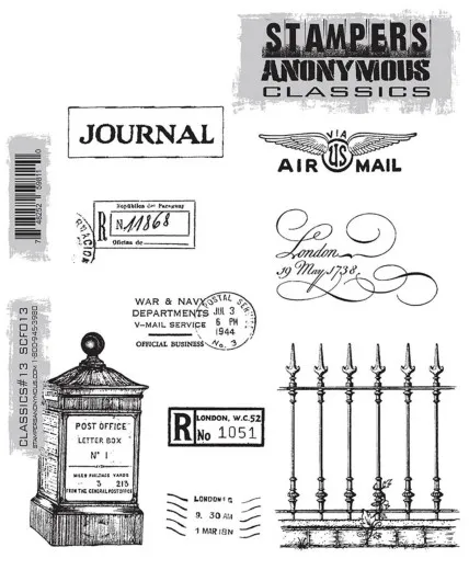 Gummistempel-Bogen mit Vintage-Postmotiven wie Briefkasten, schmiedeeisernem Zaun, Air-Mail-Zeichen und historischen Poststempeln