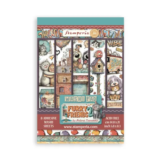 Cover des A5 Washi Pads Furry Friends 2 mit Katzen, Hunden, Vogelhaus und Graffiti-Streifen