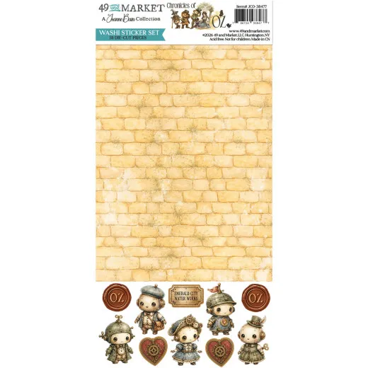 Washi-Sticker-Bogen mit gelbem Ziegelmuster sowie Steampunk-Figuren, Herzmedaillons und OZ-Siegeln