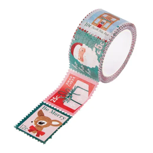 Rolle Washi Tape im Briefmarken-Design mit Postgebäude, Weihnachtsmann und Geschenk-Motiven