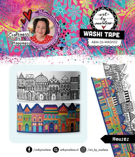 Zwei Rollen Washi Tape mit Häuserfassaden, einmal schwarz-weiß zum Kolorieren und einmal bunt illustriert.