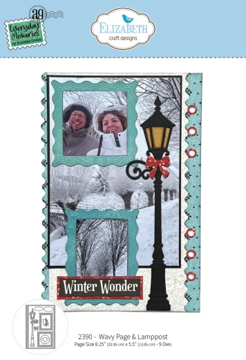 Stanzteilset Wavy Page & Lamppost von Elizabeth Craft Designs mit 9 Metallstanzen: gewellter Seitenrahmen in Türkis, schwarze Laterne mit roter Schleife, Beispielseite mit Wintermotiv