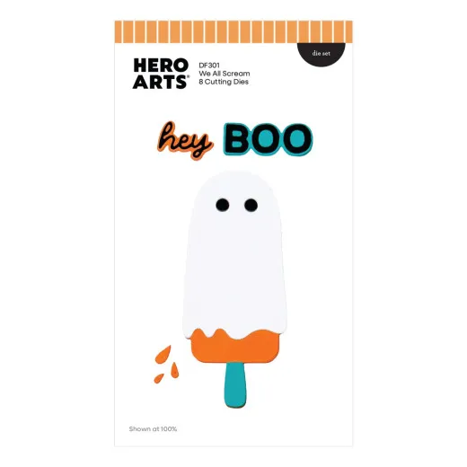 Verpackung des Stanzensets We All Scream mit koloriertem Eis-am-Stiel-Geist und Schriftzug 'hey BOO'.