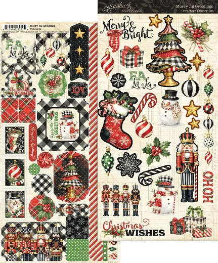 Merry-ful Greetings Stickerbogen mit Nussknacker, Weihnachtssocke, Christbaum, Schneemann, Sternen und Schriftzügen in Rot, Grün, Schwarz und Gold