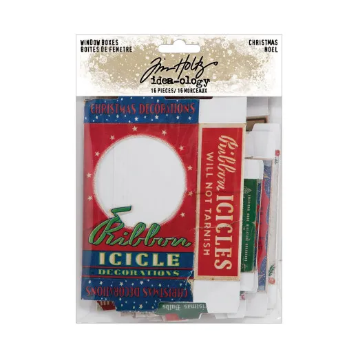 Tim Holtz Idea-Ology Window Boxes Christmas Set mit 16 nostalgischen Papier-Fensterkästen in Rot, Grün und Blau