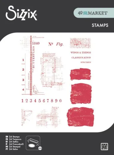 Verpackungsfoto der Stempel im Vintage-Schmetterlings-Stil mit Klassifikationstexten und Zahlen in Rot.