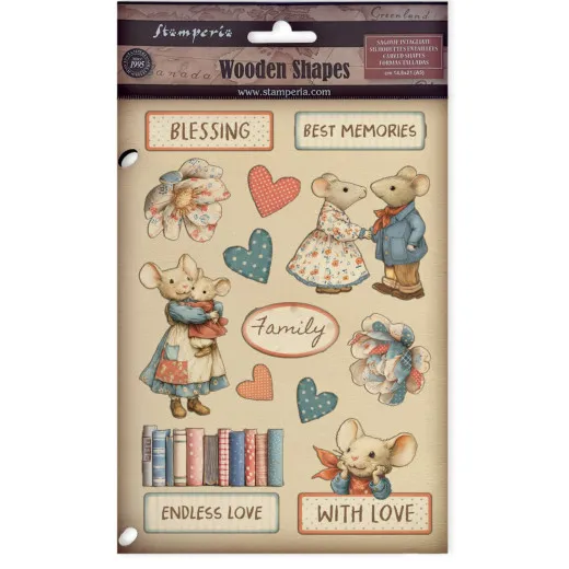 Stamperia Wooden Shapes Family Bogen mit Mäusen, Herzen und Texten auf Creme-Hintergrund, Format A5