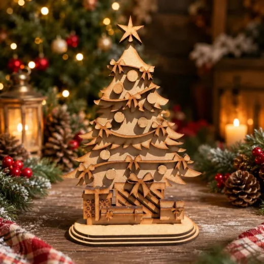 Unbemalte MDF-Holzfigur Weihnachtsbaum mit Geschenken der IndigoBlu Woodology Christmas Tree vor weihnachtlicher Dekoration.
