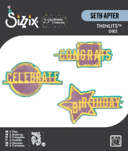 Verpackung der Sizzix Thinlits Stanzform 'Word Wafers Birthday' von Seth Apter mit Celebrate-, Congrats- und Birthday-Schriftzügen