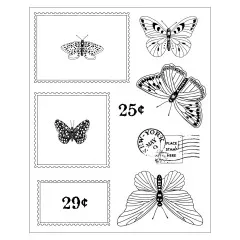 Elf Clear Stamps mit Schmetterlingen, Briefmarkenrahmen, Poststempel und Wertangaben 25 und 29 Cent