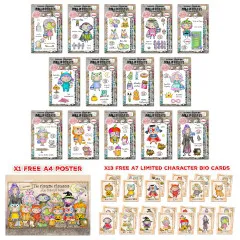 Aall & Create Clear Stamps Bundle mit 14 Stempelsets von Janet Klein in Costume Chronicles Design, enthält bunte Charaktere und Szenen