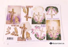 3D-Bogen mit religiösem Motiv: goldene Kreuze, betende Hände, Rosen und himmlisches Licht