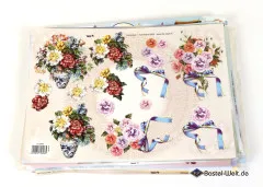 3D-Bogen mit bunten Blüten, Vasen und Schleifen-Motiven, weiß mit Prägung und Struktureffekt