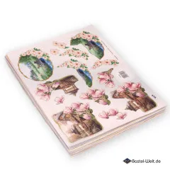Einzelner 3D-Bogen mit Blumenkörben und Gartenschauplätzen, zartem Rosé Hintergrund mit Prägung