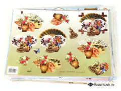 3D-Bogen mit Fächern, Vasen und Blumenmotiven auf grün-gelblichem Hintergrund, Vintage-Stil