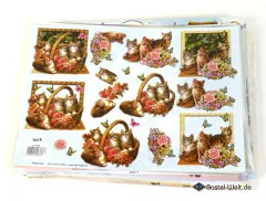 3D-Bogen mit Katzenmotiven, goldenen Körben, rosafarbenen Blüten auf hellem Hintergrund