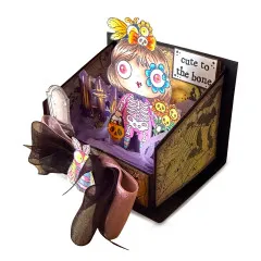Ausschnitt 3D-Box mit Mädchenfigur mit Skelett-Motiv, bunten Blüten und Textlabel Cute to the Bone