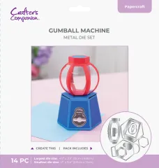 3D-Papiermodell eines Kaugummiautomaten in Rot und Blau mit rundem Aufsatz.