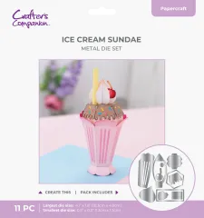 3D-Papierbox in Form eines Eisbechers mit Schokoladen-Streuseln, Kirsche und Strohhalm.