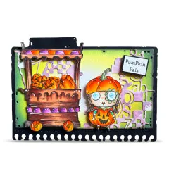 Schwarze 3D Kunstkarte mit farbiger Kulisse, ausgestanztem Pumpkin-Pals-Kürbis-Korb und Figuren in Grün-Violett-Gelb