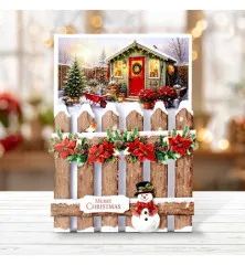 Fertige 3D-Weihnachtskarte mit Gartenhütte und Schneemann im Winter