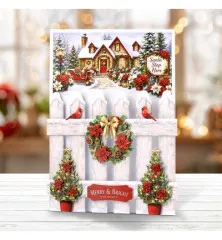 Fertige 3D-Weihnachtskarte mit verschneitem Haus und rotem Zaun