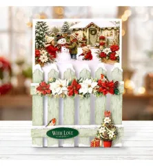 Fertige 3D-Weihnachtskarte mit Schneemann und grünem Gartenzaun