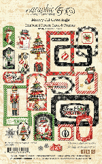 Übersichtsdarstellung aller 34 Chipboard-Teile der Merry-ful Greetings Kollektion auf cremefarbener Packungsrückseite mit sortierten Tags, Rahmen und Einzelmotiven.