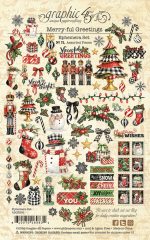 Übersicht aller 69 Die-Cut Motive des Merry-ful Greetings Sets mit Schneemännern, Strümpfen, Nussknackern und Weihnachtsbäumen auf Creme