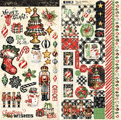 Detailansicht beider Stickerbogen: Linker Bogen mit Schriftzügen und Karomuster, rechter Bogen mit großen Weihnachtsmotiven wie Nussknacker, Girlanden und Kugeln