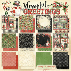 Alle 24 Papierbögen der Merry-ful Greetings Kollektion übersichtlich ausgelegt mit Schneemann, Schneeflocken, Karomuster, Floral und Uni-Papiere