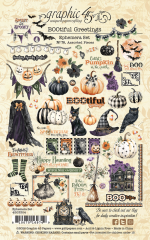 BOOtiful Greetings Ephemera Stanzteile Übersicht: Jack-o'-Lantern-Kürbisse, schwarze Katzen, weise Eulen, Hexenkleider, Spukhäuser, Girlanden und Vintage-Halloween-Motive in Schwarz, Orange, Grün und Lila