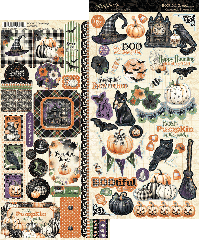 Detailansicht BOOtiful Greetings Sticker Set: beide Bögen mit Halloween-Motiven, Mustern und Bordüren in Schwarz, Orange, Lila und Grün zum Ausschneiden