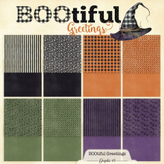 BOOtiful Greetings 12x12 Paper Pad Übersicht aller 8 Designs in Gitteranordnung mit Farbvariationen