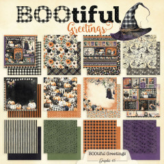 BOOtiful Greetings Papierblock-Übersicht mit Hexenhut, alle 12 Designs und Musterbögen in Schwarz, Orange, Grün und Lila
