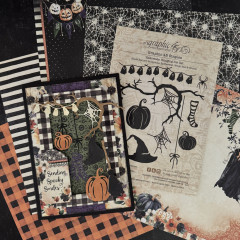 Anwendungsbeispiel: Handgefertigte Halloween-Karten und Scrapbooking-Projekte mit ausgestanzten Geistern, Kürbissen und Spinnennetzmustern in Orange, Schwarz und Violett