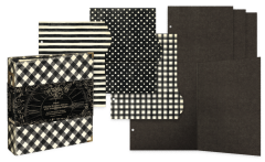 Album-Inhalt: gemusterte Taschentrenner mit Streifen-, Punkte- und Karo-Design, schwarze Ausklappseiten und Mixed-Media-Kunstkartons