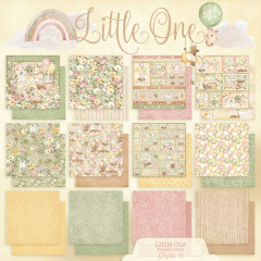 Little One Keepsake Edition Übersicht aller Designpapiere, Muster und unifarbenen Bögen in Grün, Rosa, Gelb und Hellbraun