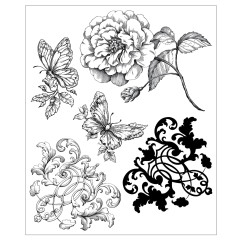 Schwarzweiß-Abbildung der Stempelmotive: zwei Schmetterlinge, eine Rose und zwei Ornament-Ranken