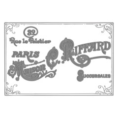 Schwarz-weiße Strichzeichnung des Vintage-Etiketts „Riffard Paris" mit floralen Eckornamenten.
