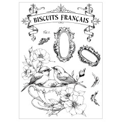 Schwarzweiß-Abbildung der Stempelmotive: Schriftzug 'Biscuits Français', zwei ovale Rahmen und zwei Vögel auf einer Blumentasse
