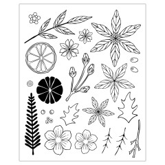 Übersicht der 24 transparenten Clear Stamps mit Wintermotiven und Blumen