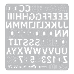 Detaillierte Ansicht der grauen Sizzix Metal-Stanzschablone mit dem gesamten Alphabet und Zeichen