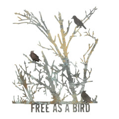 Gestanzter Baum aus Mixed-Media-Papier mit drei dunklen Vögeln auf den Ästen und Schriftzug Free as a Bird