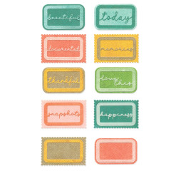 Zehn gestanzte Etiketten mit Briefmarken- und Rundrand, teils mit Schriftzügen wie thankful, love this, snapshots und happiness
