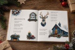 Offenes Bastelbuch mit aufgebrachten Quiet Country Blue Rub-Ons im Winter- und Landhaus-Design auf Holzoberfläche.