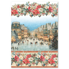 Reispapier-Bogen mit weihnachtlichem Kranz aus Poinsettien, Tannenzapfen und Christbaumkugeln